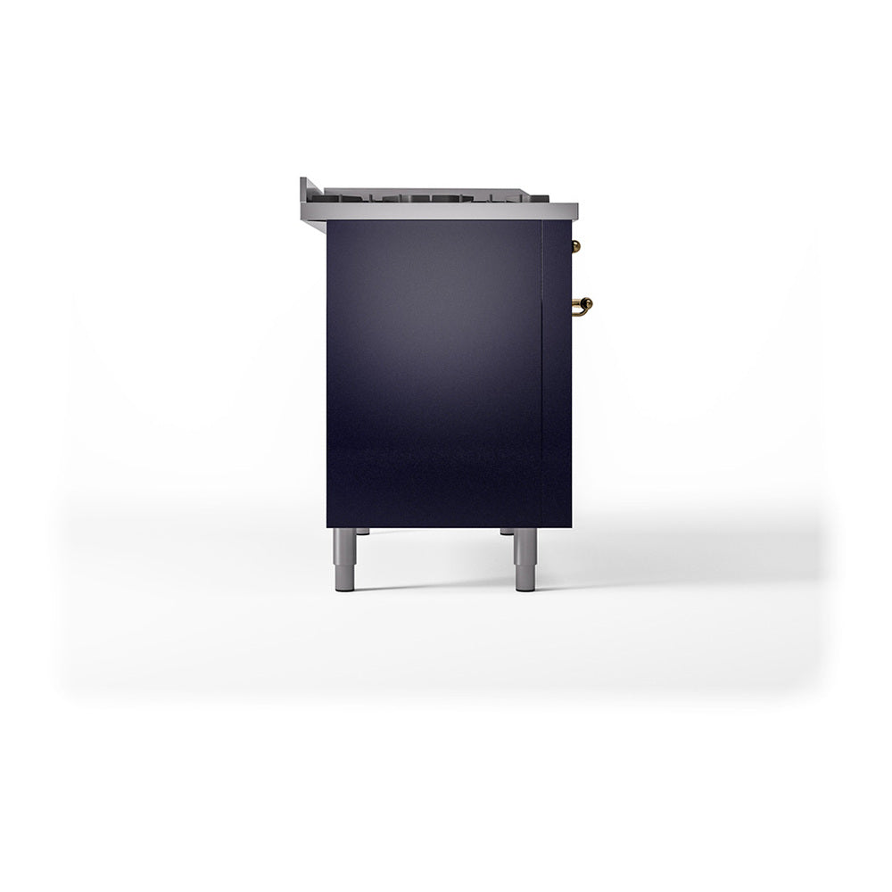 Midnight blue solid door oven section with brass-trim accents and side knobs