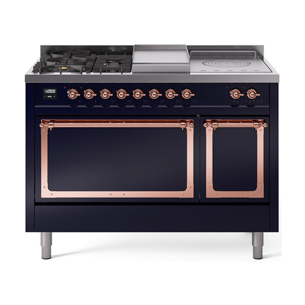 Midnight blue dual fuel range with French top, griddle, and solid oven doors