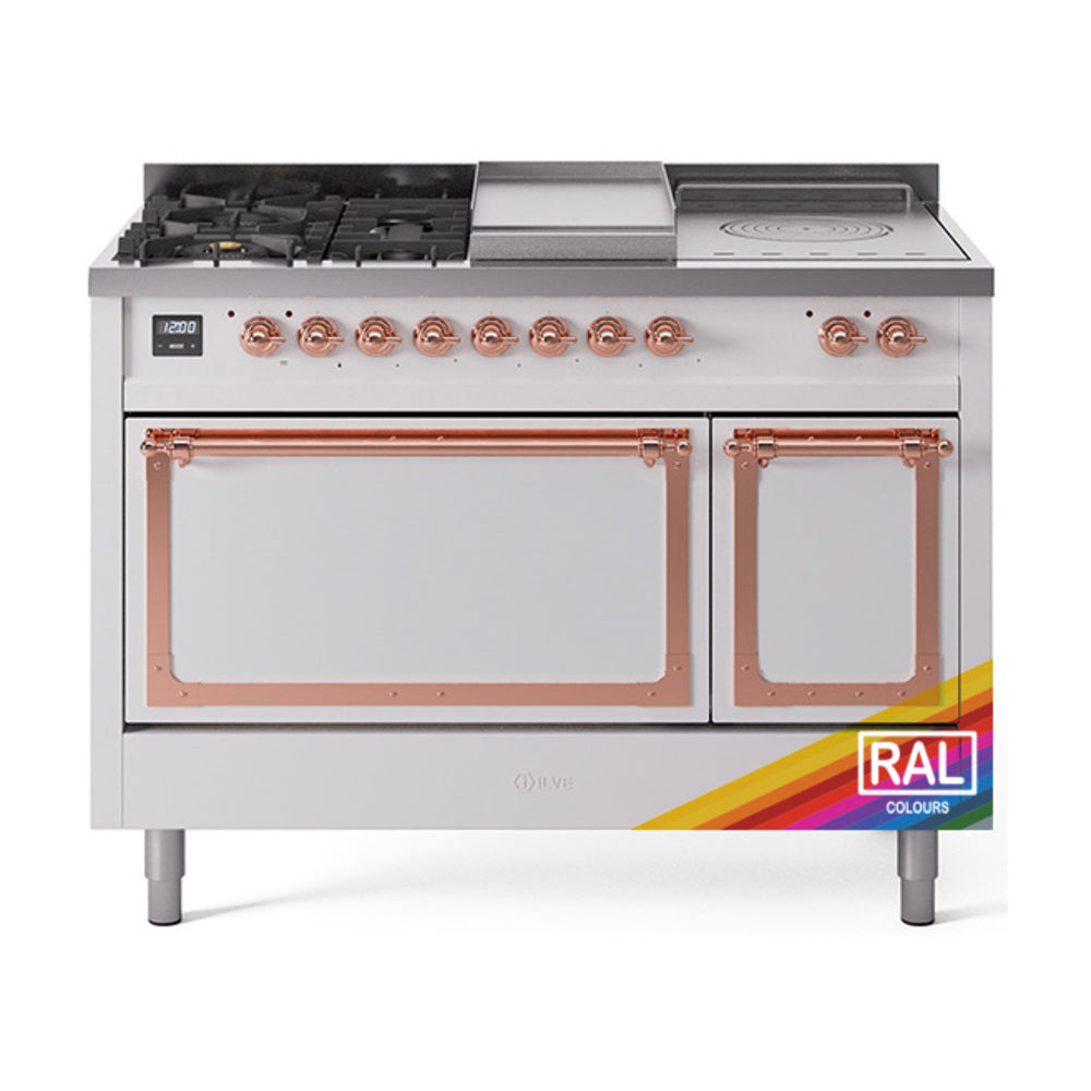 Dual fuel range front view with copper-trimmed oven doors and griddle top