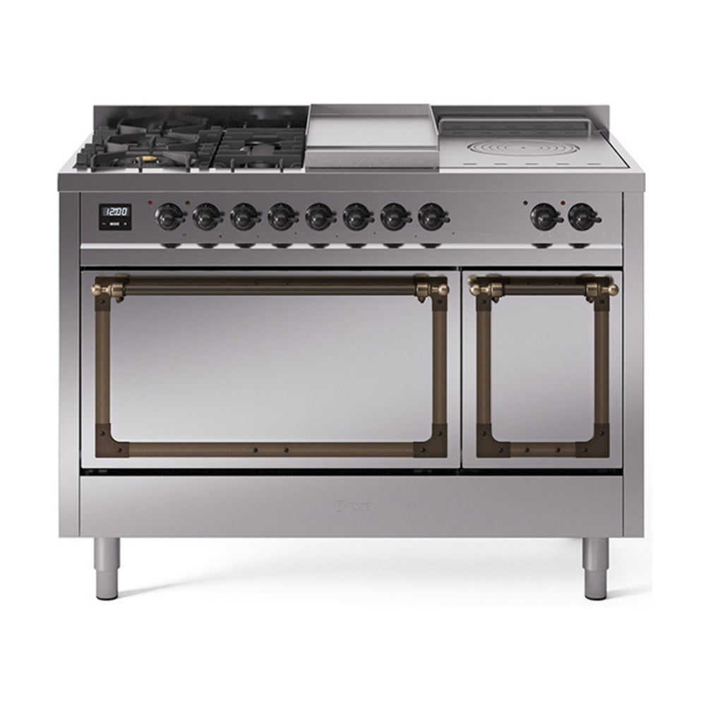 Stainless dual-fuel range with burner knobs, center griddle, and bronze-trim oven doors