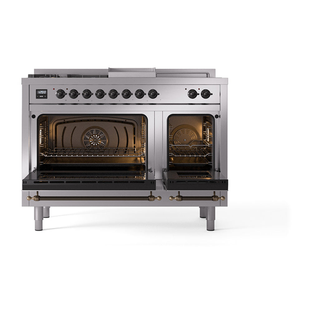 Stainless dual-fuel range with open ovens and control knobs, bronze-trim doors