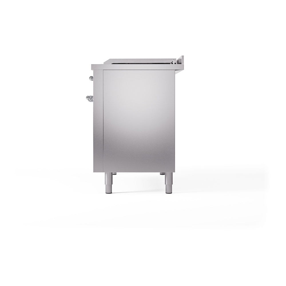 Stainless steel range side panel with vent detail and legs, angled back view