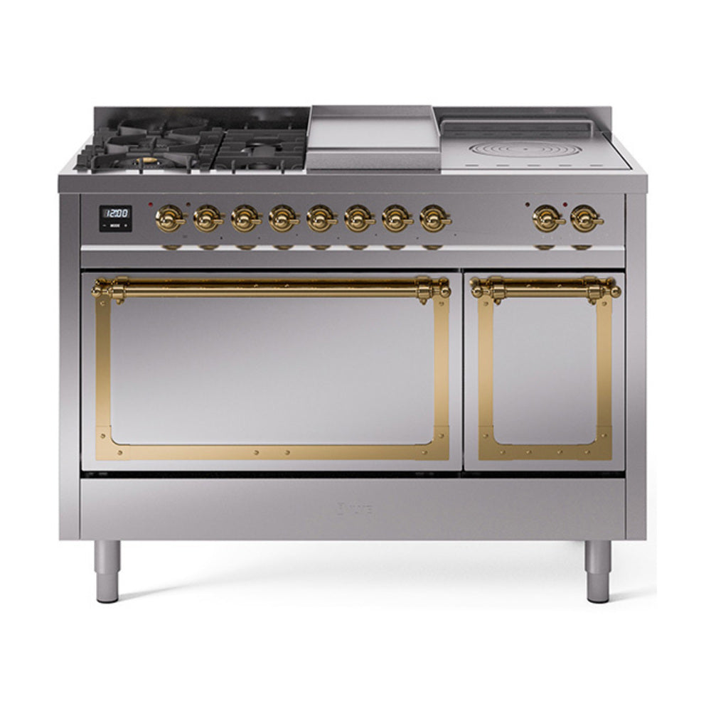 Stainless steel dual fuel range with brass-trim knobs, burners, and two oven doors