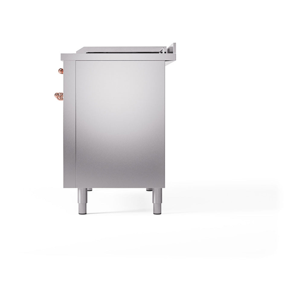 Stainless steel range back panel with copper-trim mounting hardware and leveling feet
