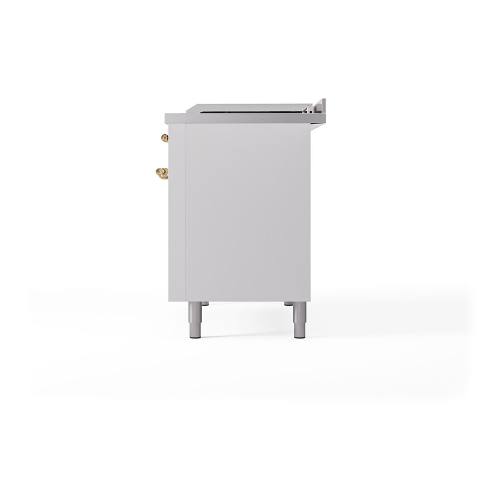 ILVE dual fuel range side panel with brass fittings and four leveling feet