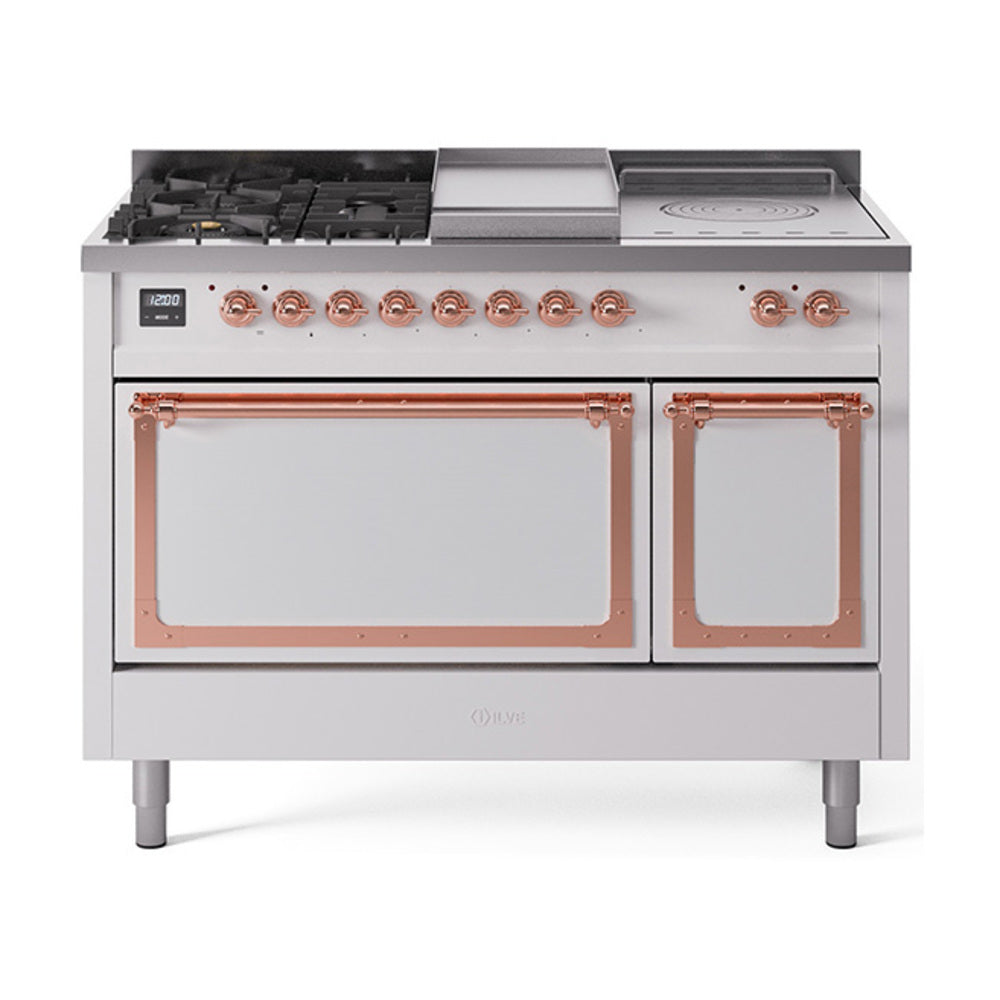 White dual fuel range with black grates, griddle, and two oven doors with copper trim