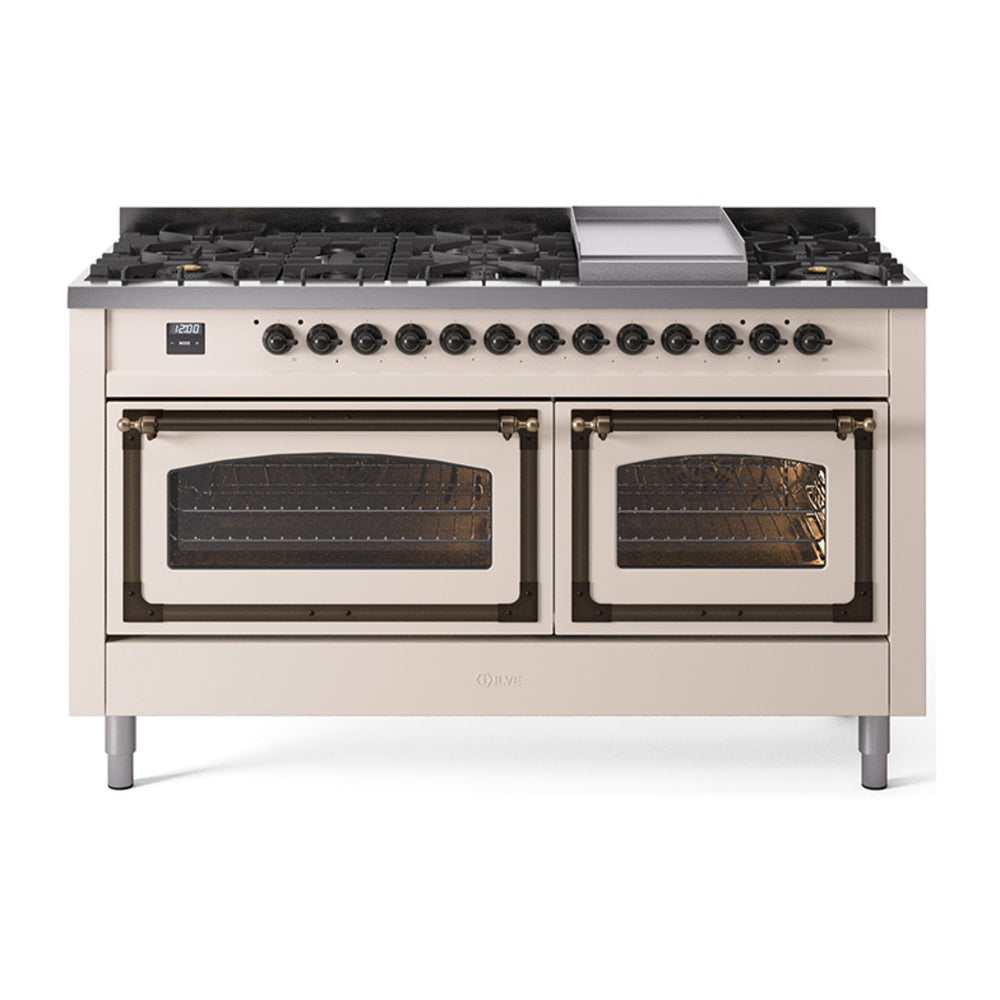 Antique white dual fuel range with bronze-trim door handles and two glass oven windows