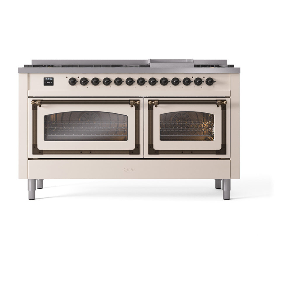 Antique white dual fuel range front view with six knobs and two oven doors