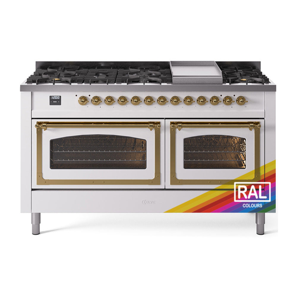 Dual fuel range with brass trim, natural finish, two ovens, and gas burner grates
