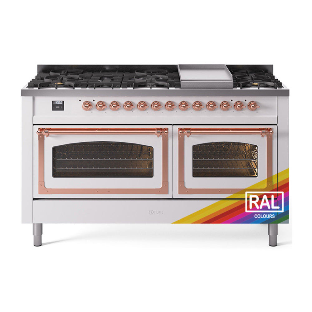 Dual fuel range in white with copper trim, two ovens, and front gas burner knobs