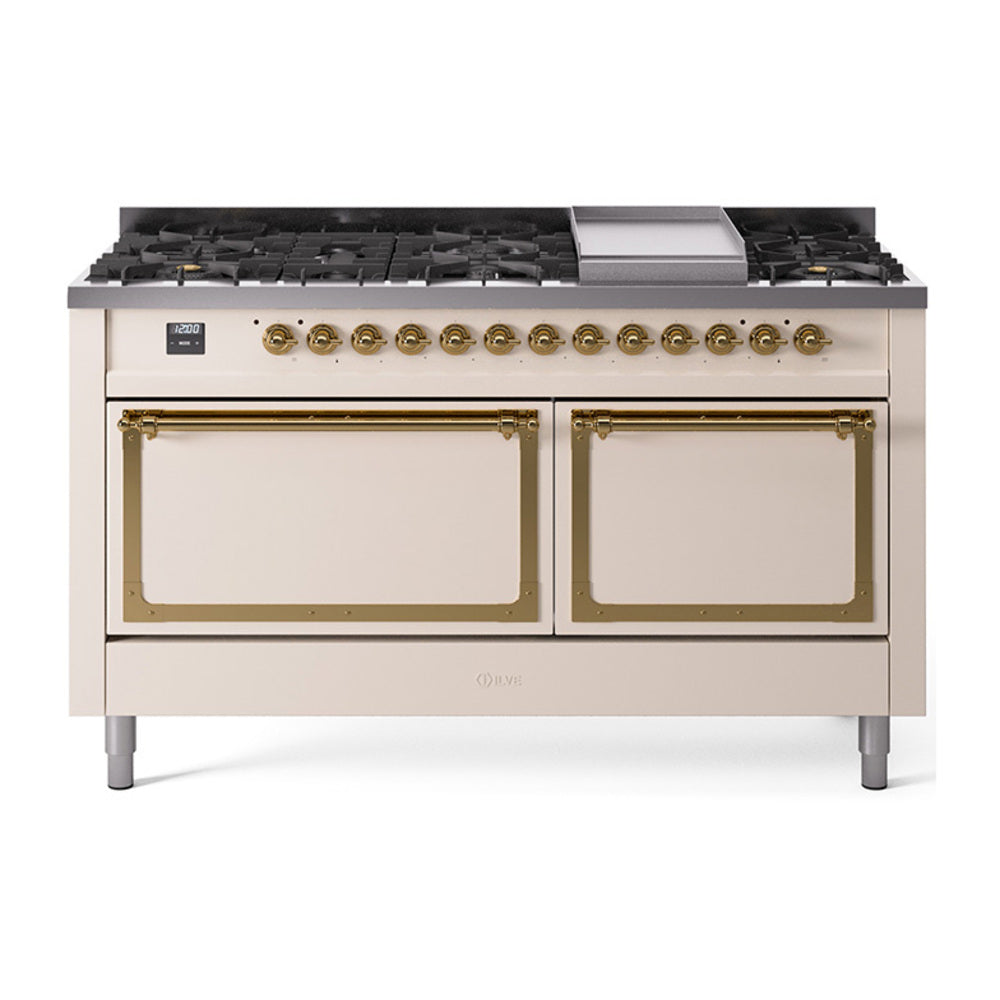 Antique white dual-fuel range with brass trim, control panel and double oven doors