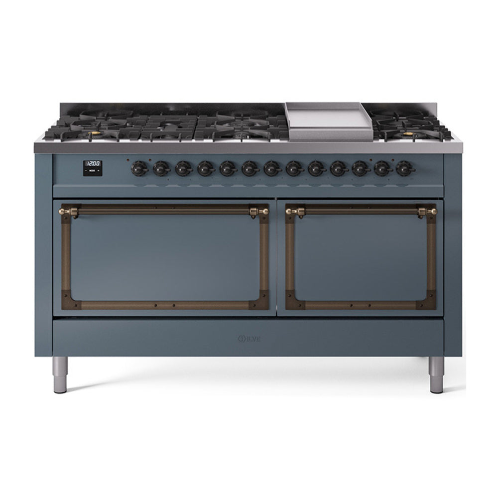 Blue-grey dual fuel range with bronze-trimmed double oven doors and 9 sealed burners