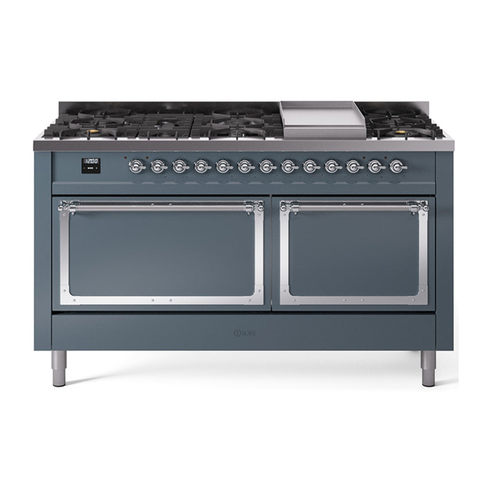 Blue grey dual fuel range with dual oven doors, chrome trim, and burner griddle top.