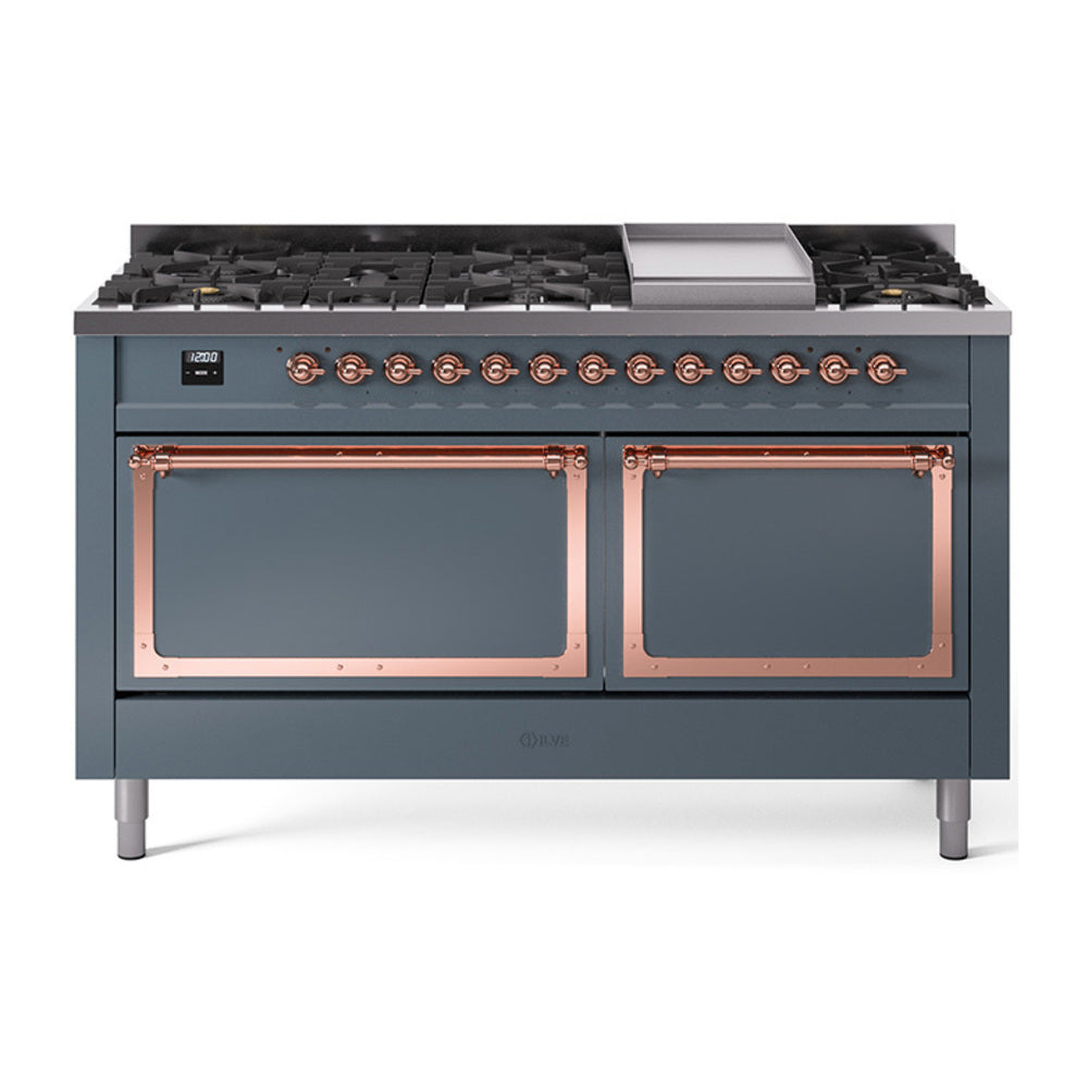 Blue grey dual-fuel range with copper-trim oven doors, knobs, burners, and griddle