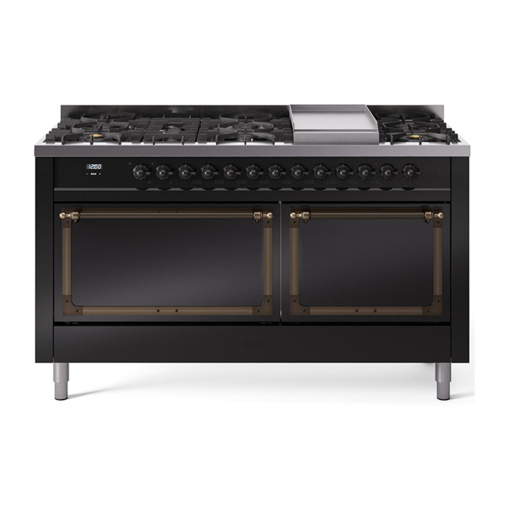 Glossy black dual fuel range with bronze trim, griddle and sealed burners, control panel
