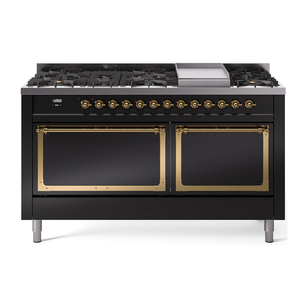 Glossy black gas dual fuel range with brass-trimmed doors, griddle, and burner knobs
