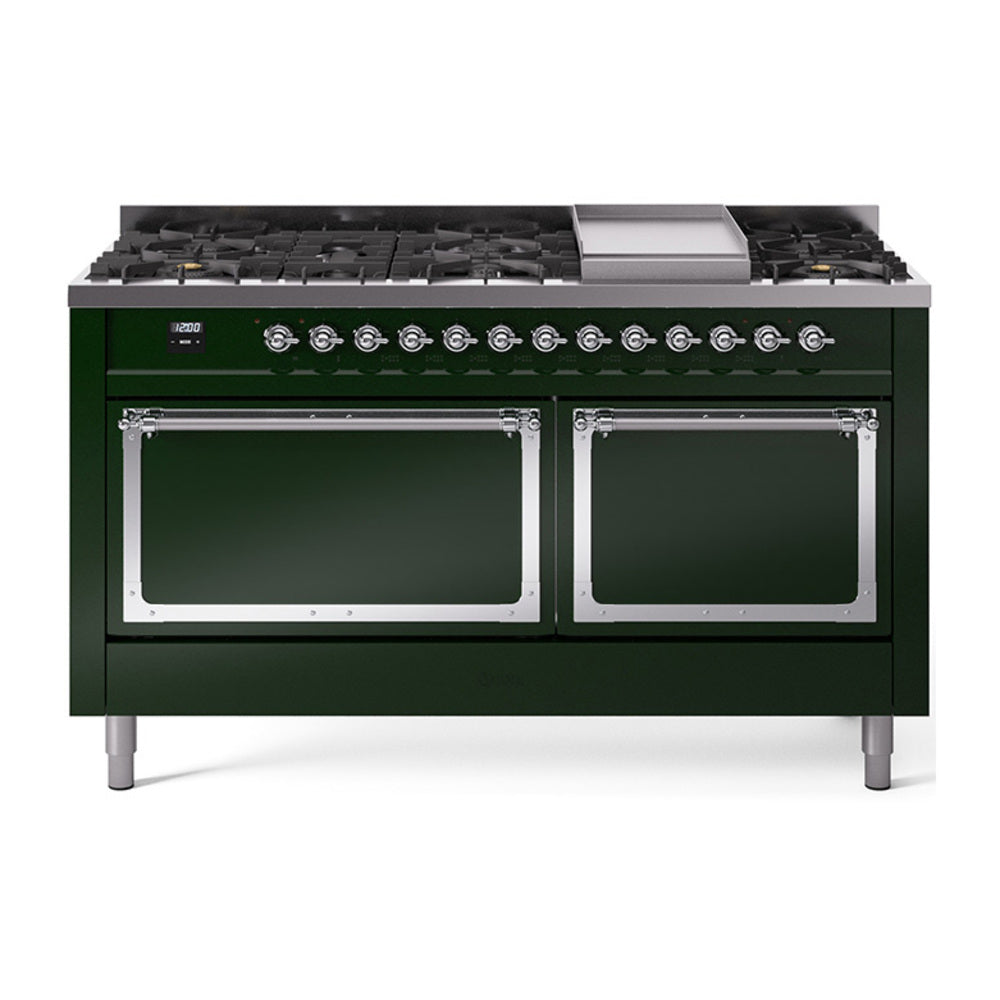 Emerald green dual-fuel range with chrome-trimmed oven doors and sealed burners