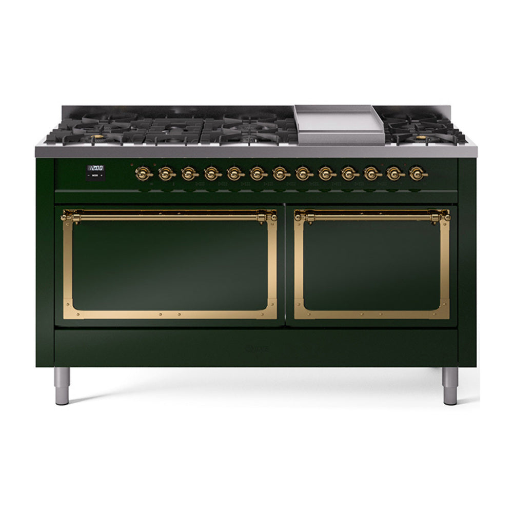 Emerald green dual-fuel range with brass trim, burners, and built-in griddle