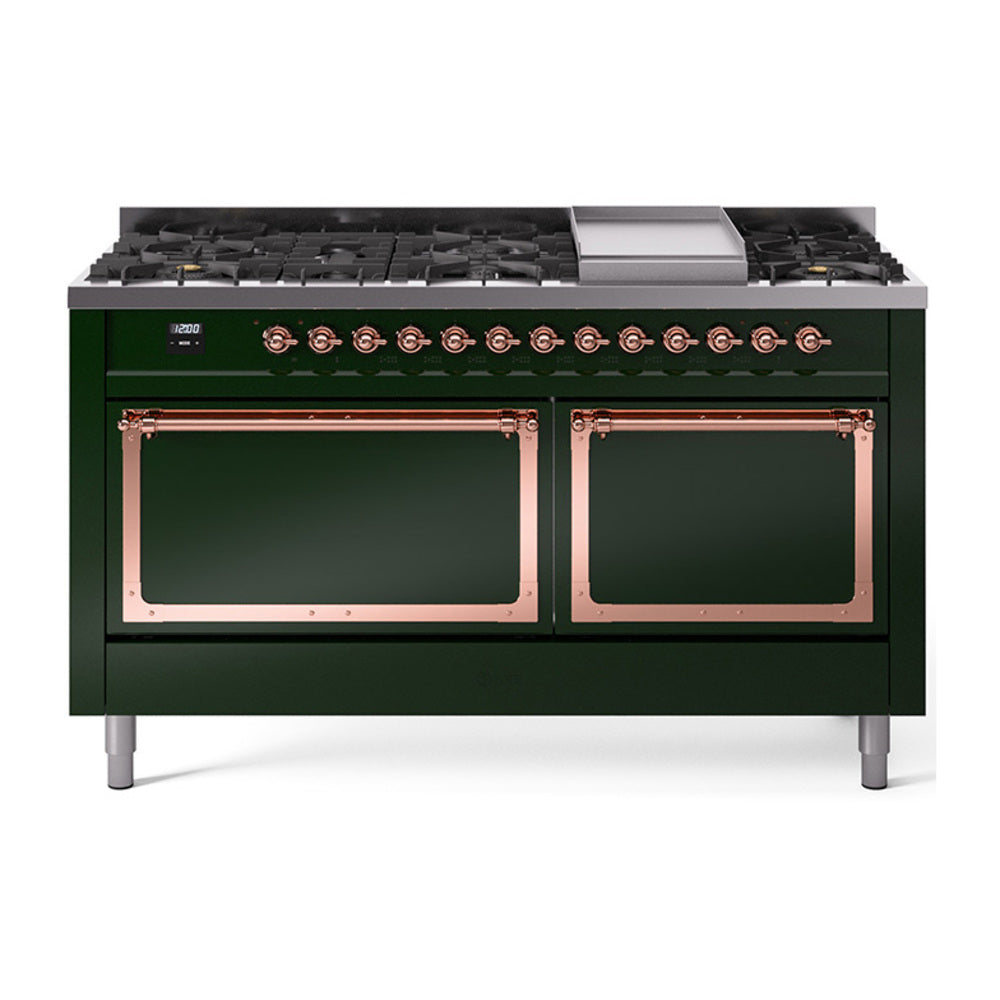 Emerald green dual-fuel range with copper-trim oven doors and griddle