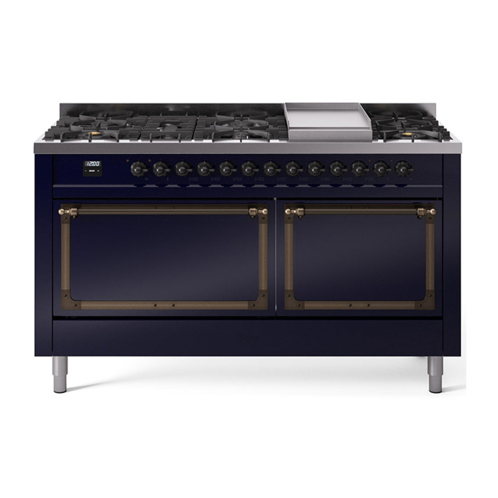 Midnight blue dual-fuel range with bronze-trimmed control panel and burners