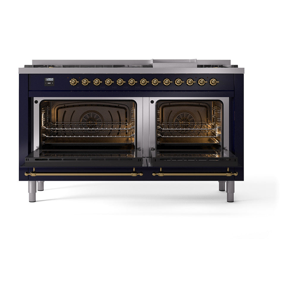 Midnight blue dual fuel range with both oven doors open and illuminated interiors, front view