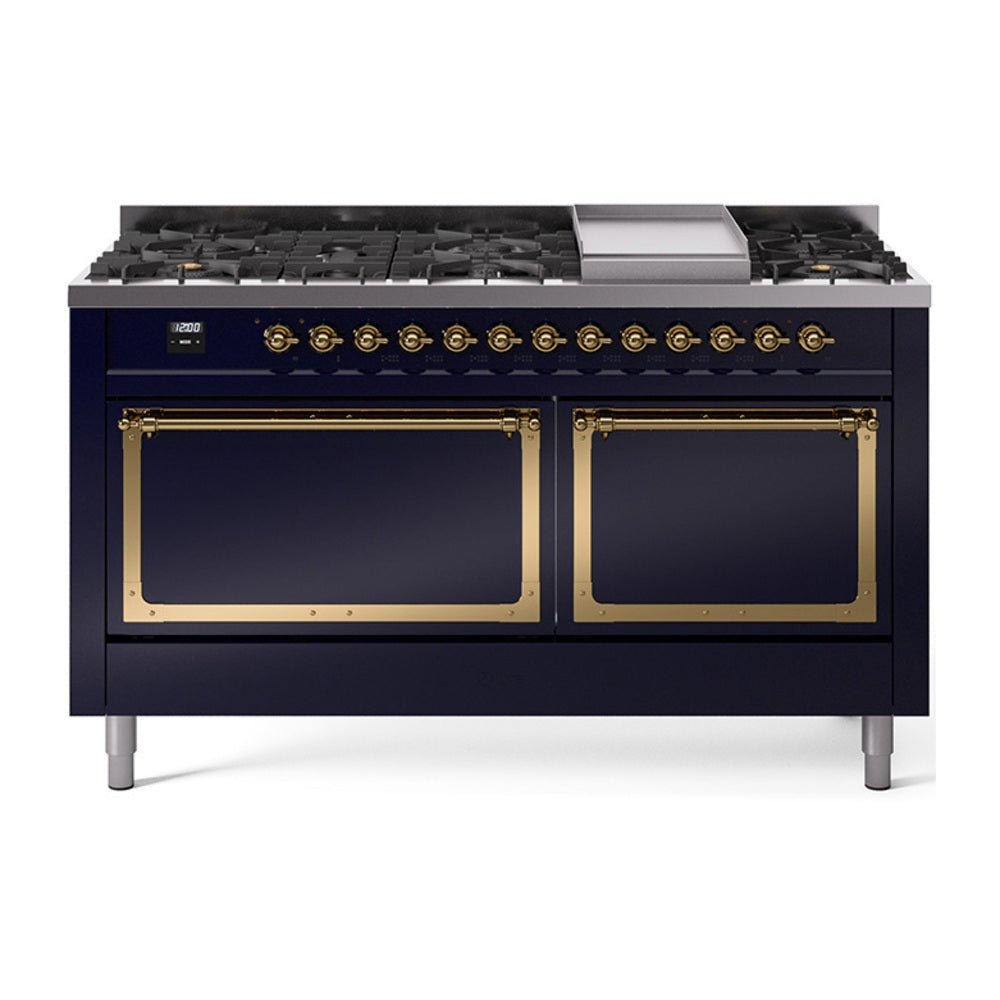 Midnight blue dual fuel range with brass trim, burners, and two oven doors, front view
