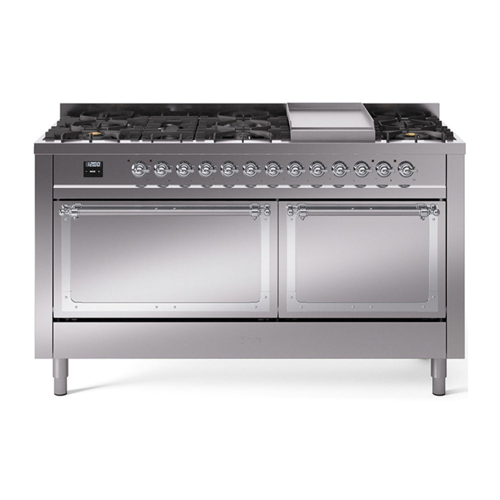 Stainless steel dual fuel range with chrome trim, burners, griddle, and twin oven doors