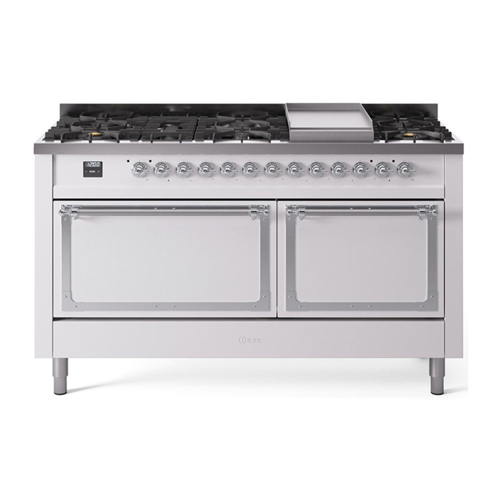 White dual-fuel range with chrome trim, 9 sealed burners, and griddle on top