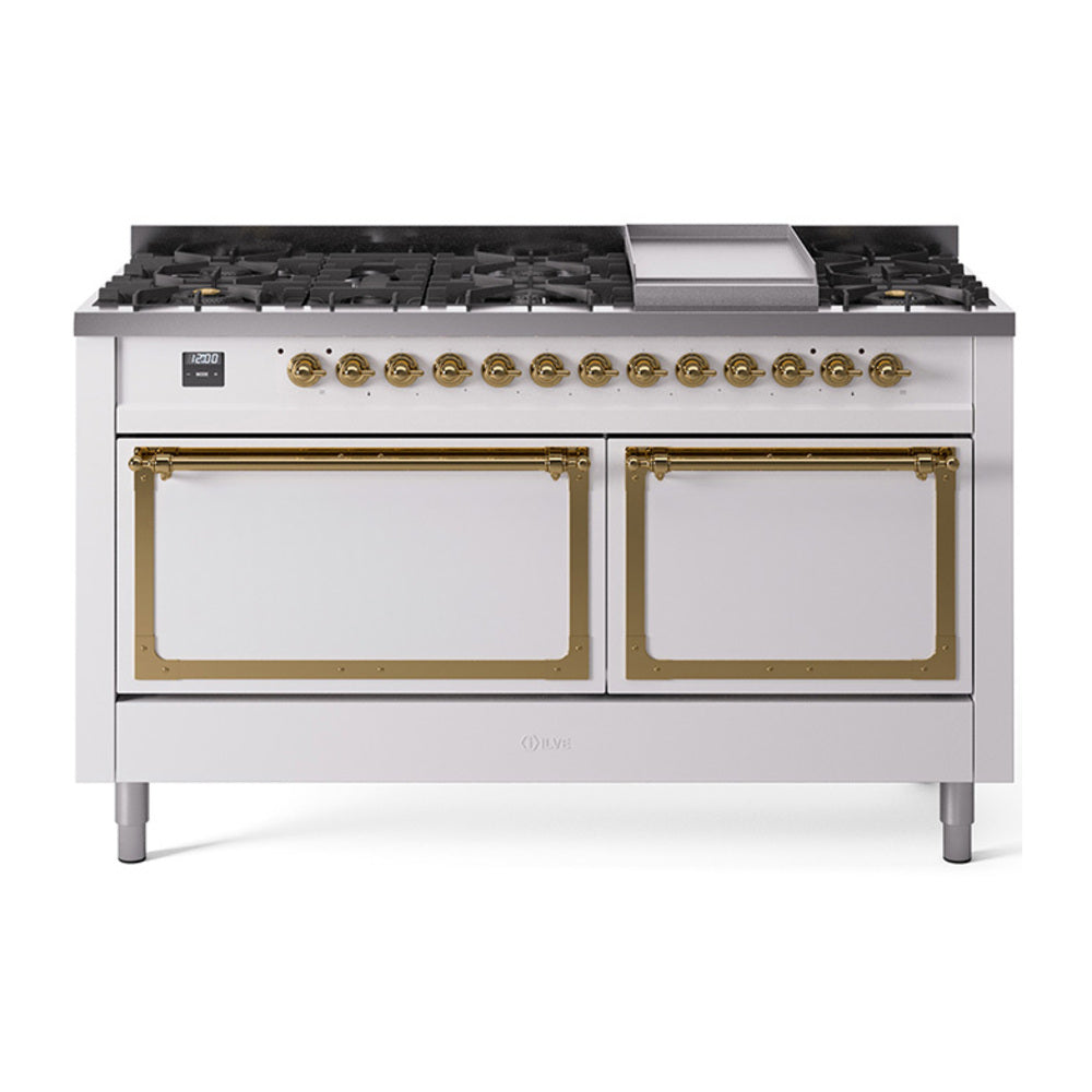 White dual fuel range with brass trim, griddle, and two oven doors, front view
