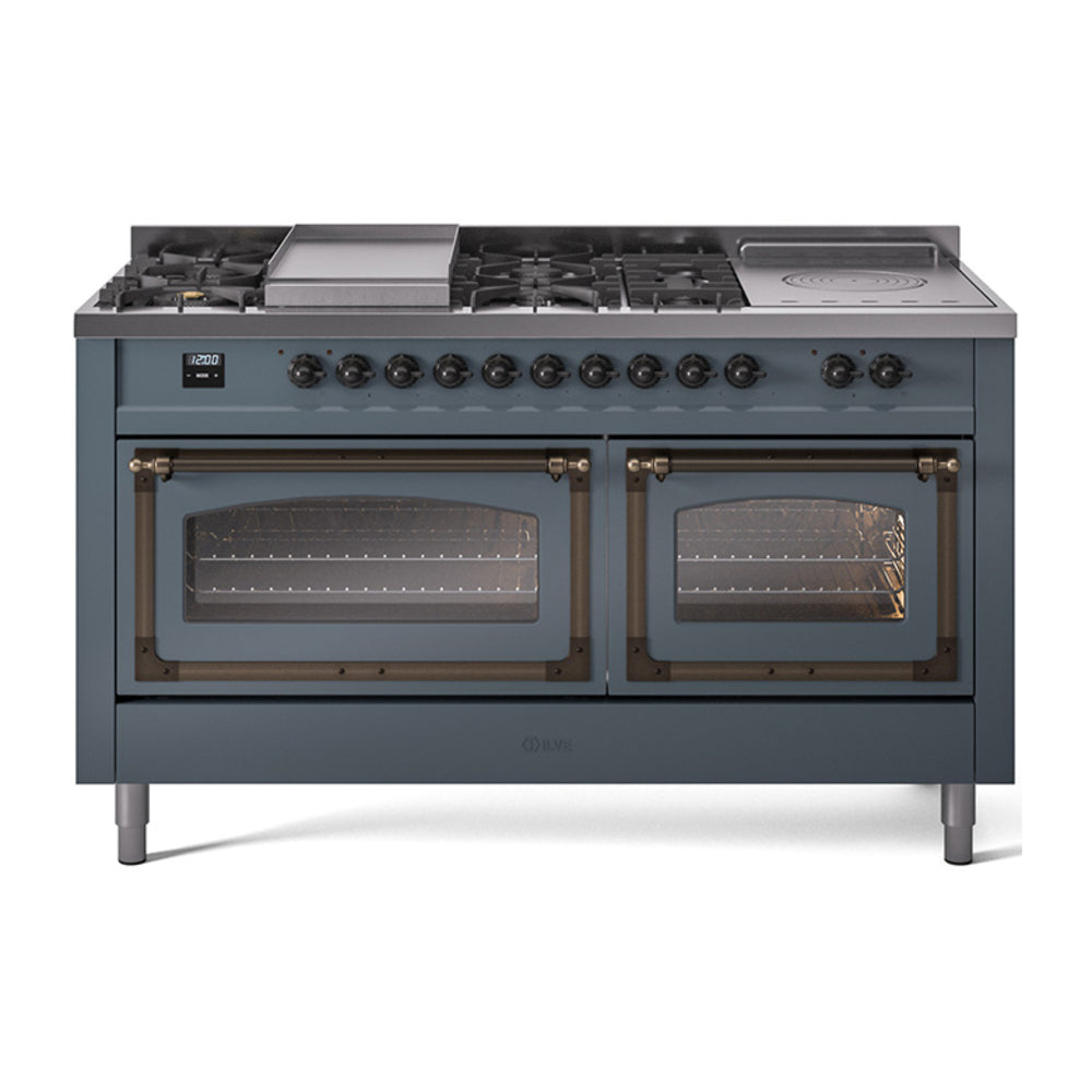 Blue-grey dual fuel range with seven sealed burners, bronze knobs, and triple glass ovens.