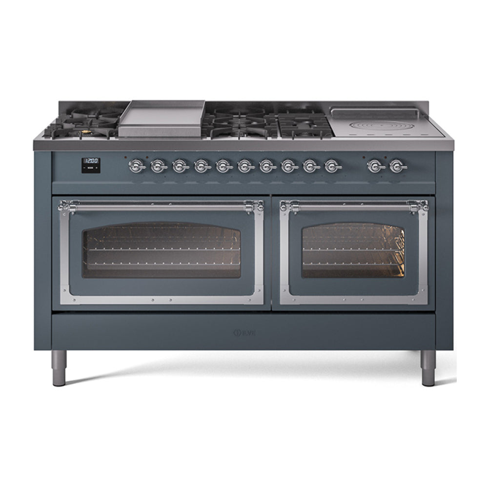 Blue grey dual fuel range with chrome trim, 7 sealed burners, griddle, and double oven doors