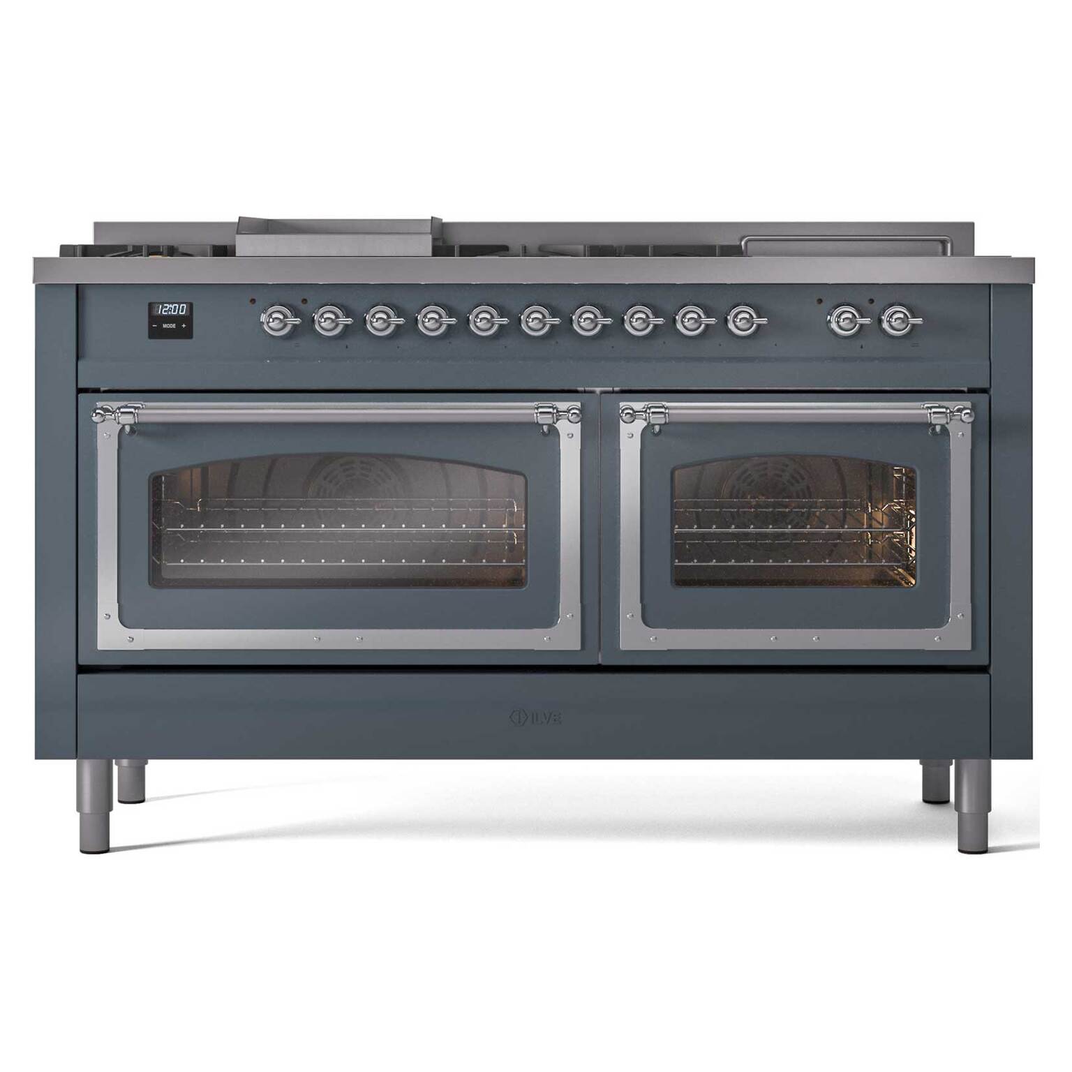 Blue grey dual fuel range front view with two glass oven doors and chrome burner knobs