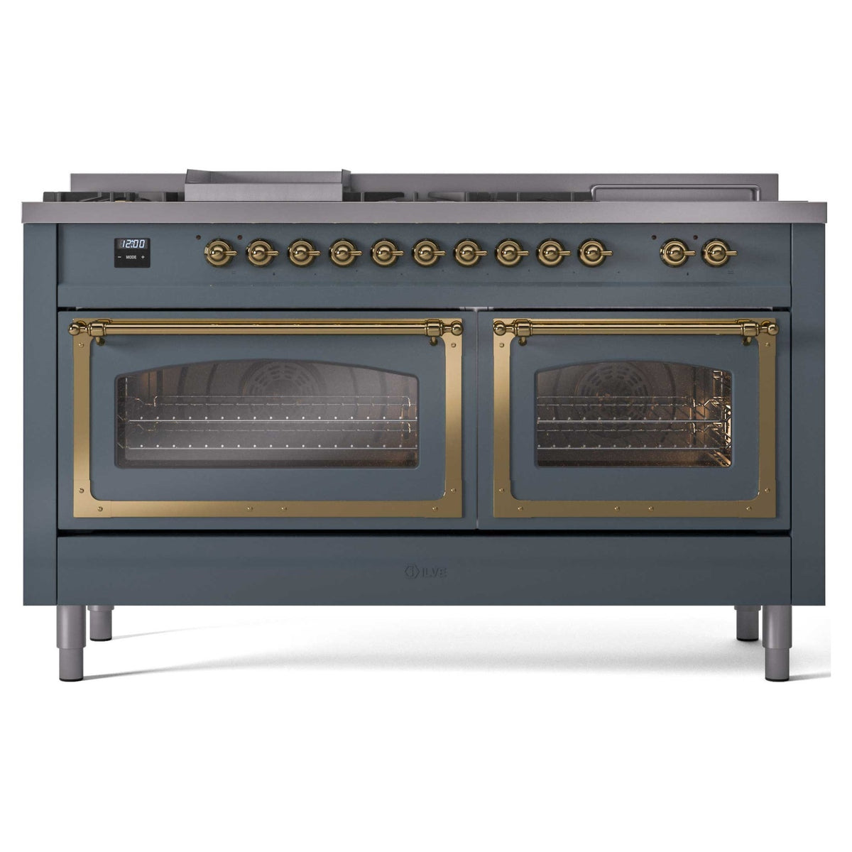 Blue grey dual fuel range front with brass control knobs and two oven windows