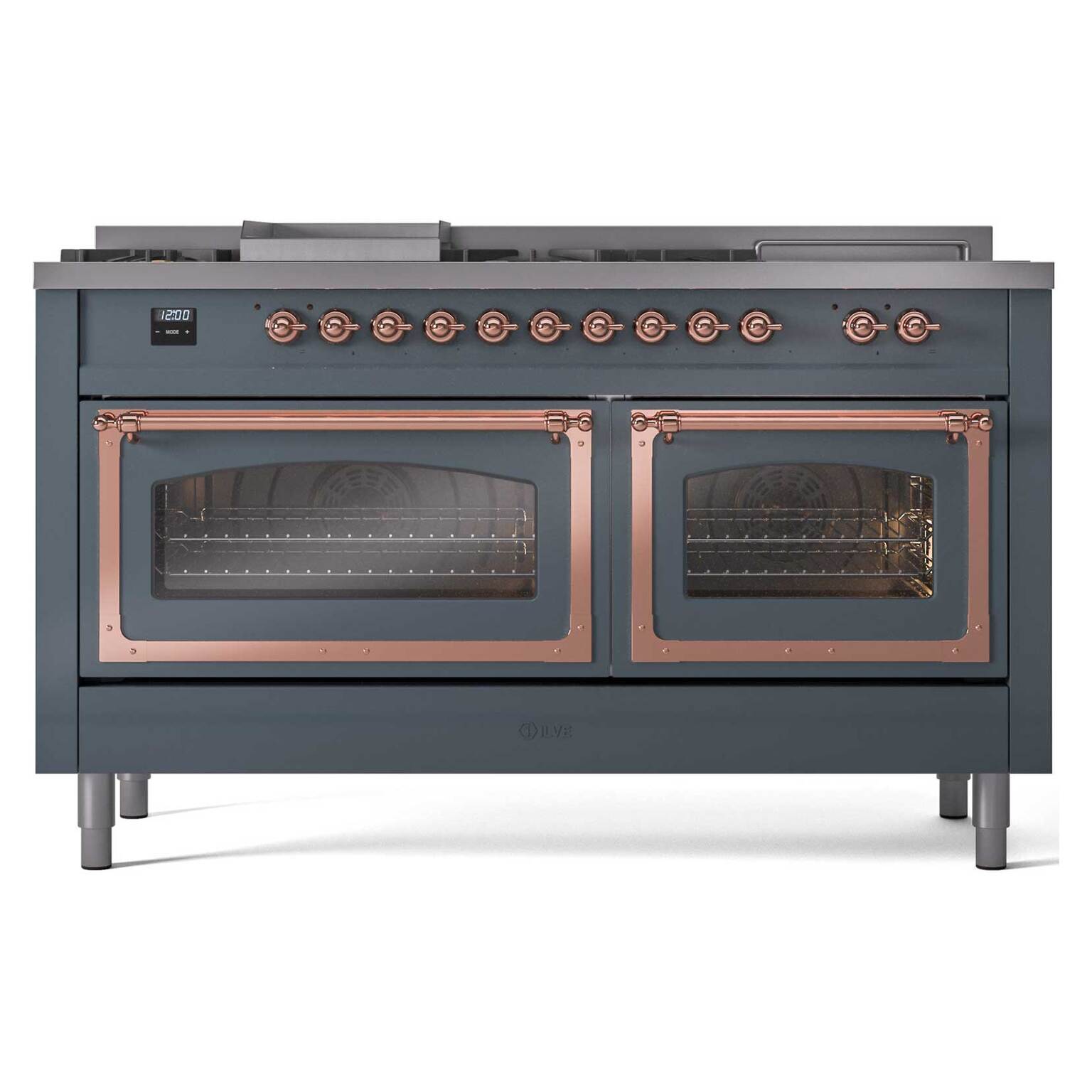 Blue grey dual fuel range with copper accents, seven burner knobs, and two glass oven doors