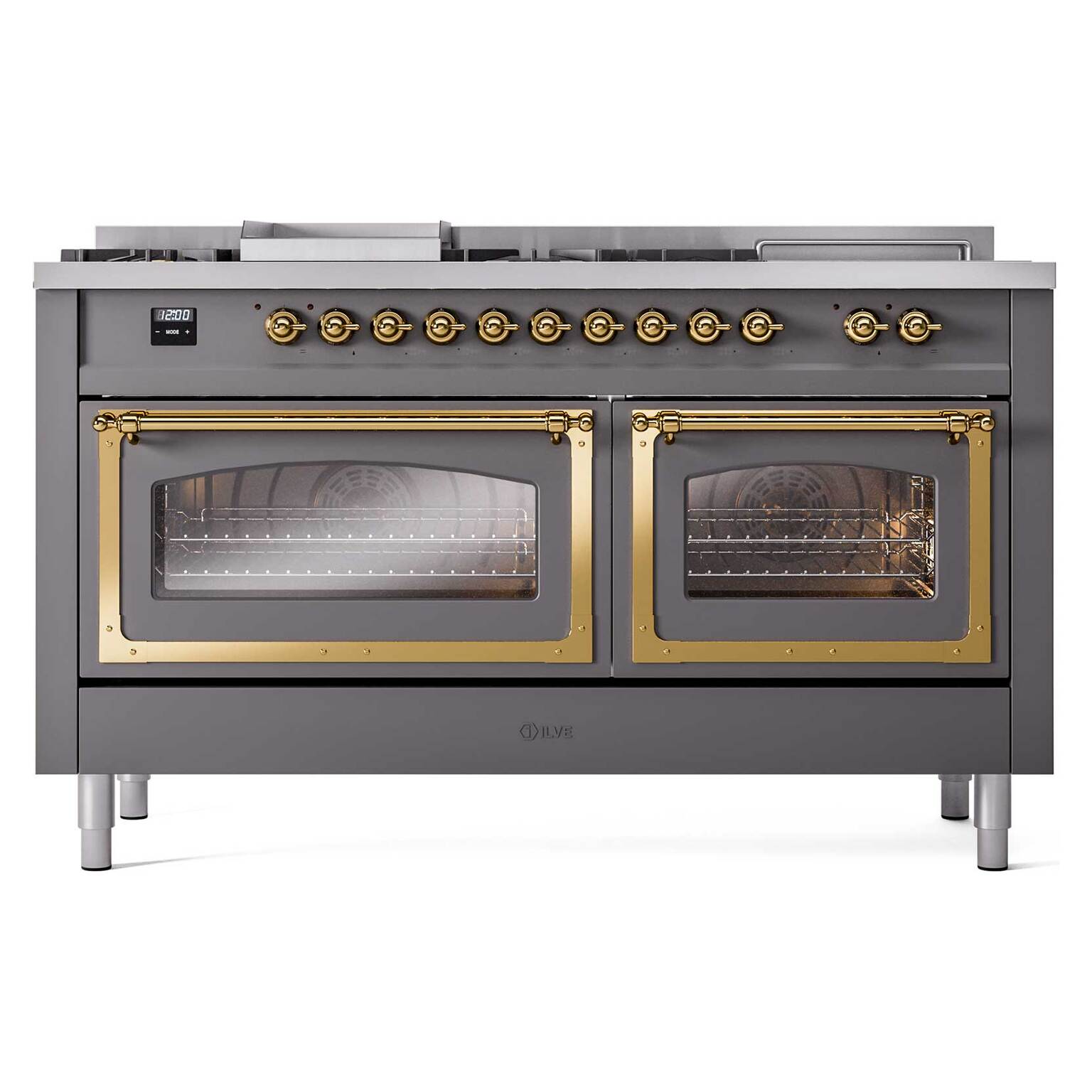 Matte graphite dual fuel range showing two brass-framed oven doors and burner knobs