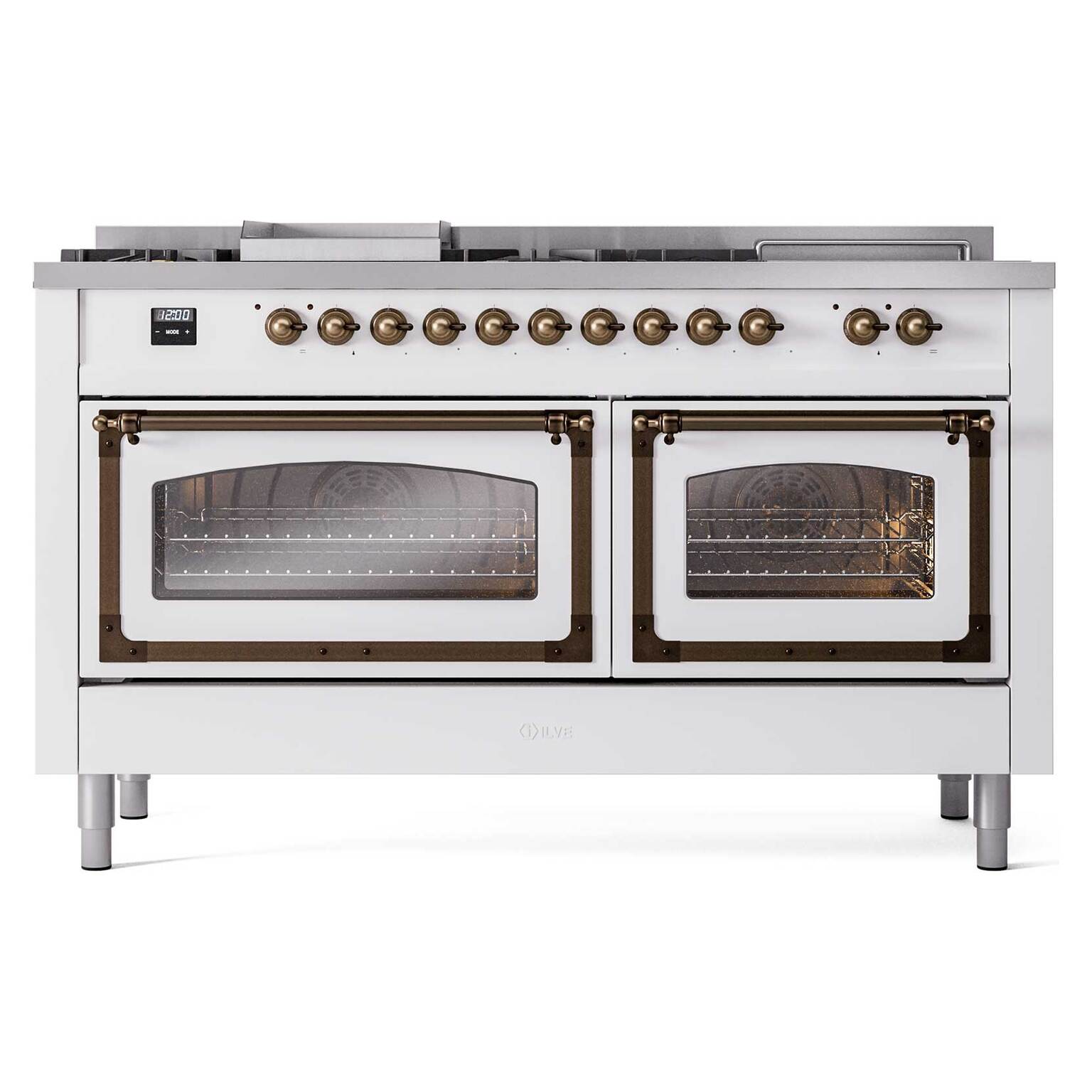 White gas range with bronze control knobs and two oven doors, front view with glass windows