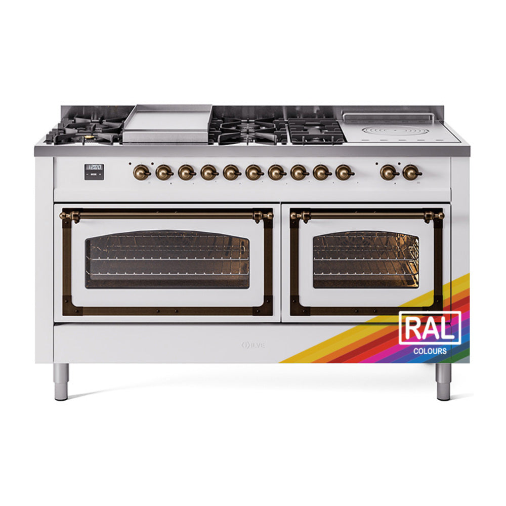 Gas dual-fuel range with white finish, bronze knobs, and two oven doors with windows