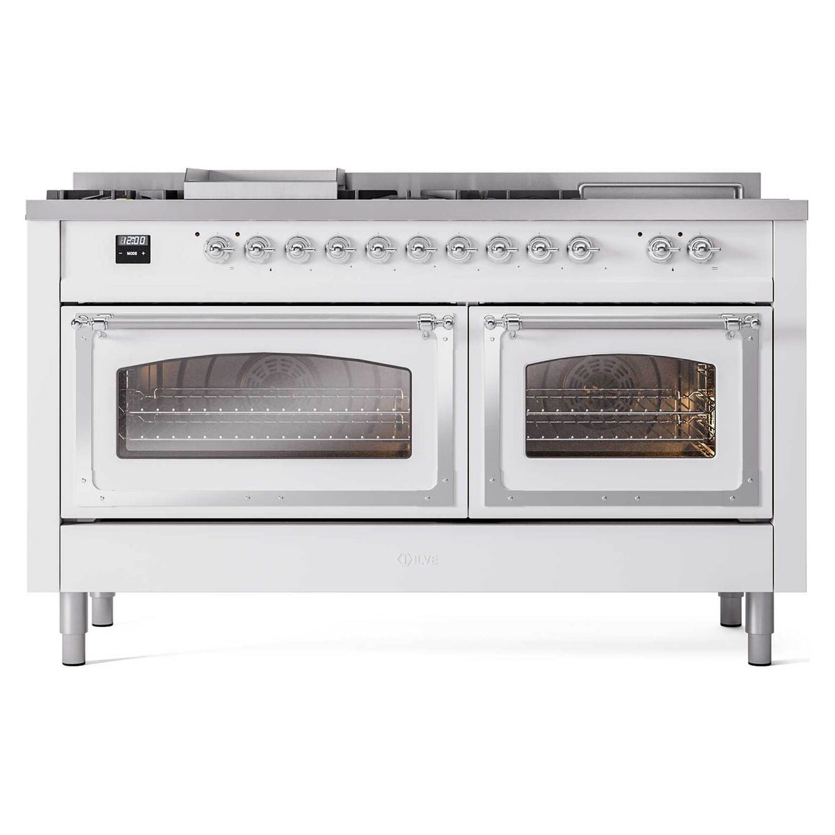 White double oven range with two glass doors and control knobs panel, chrome accents