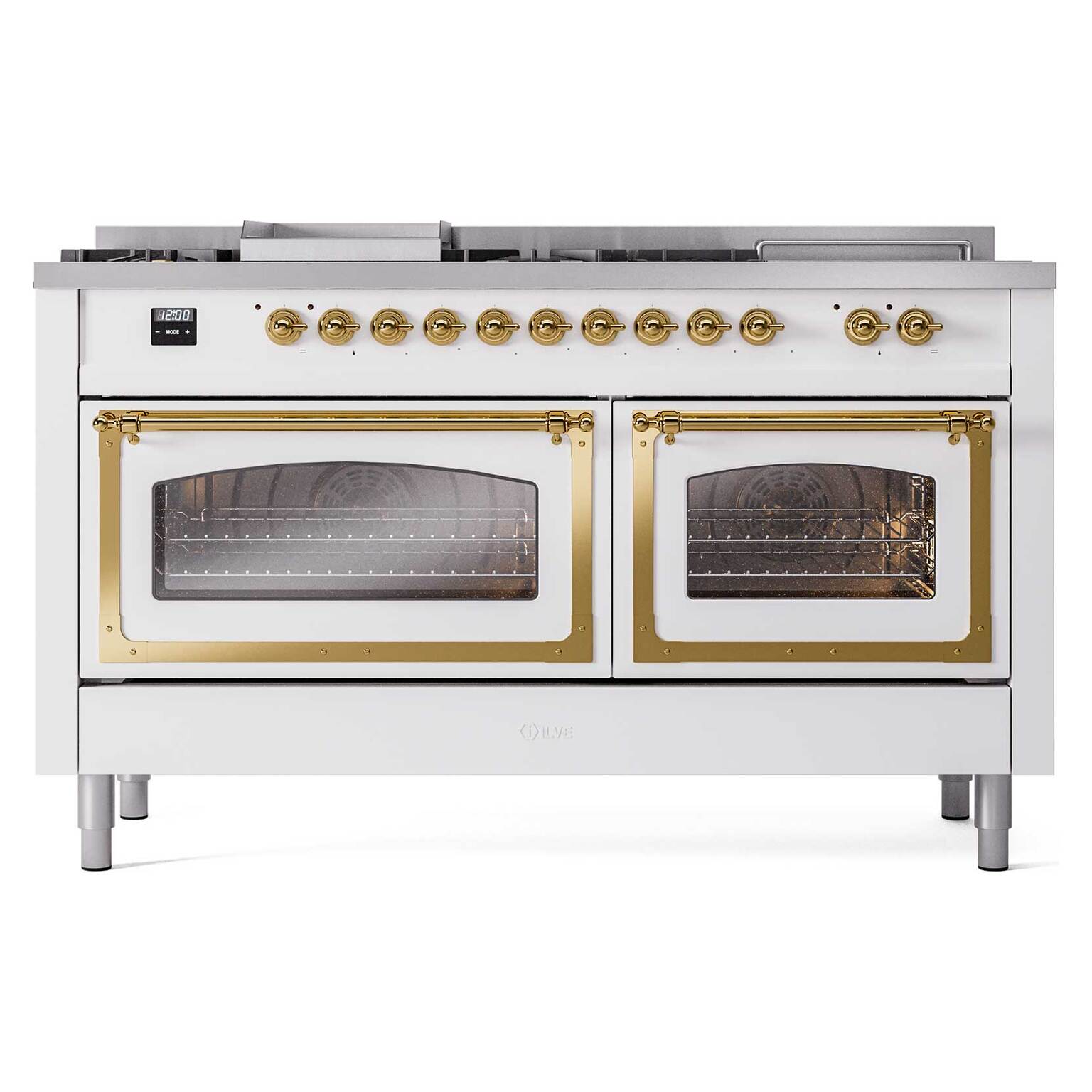 Nostalgie II dual fuel range front view with two glass ovens and brass trim