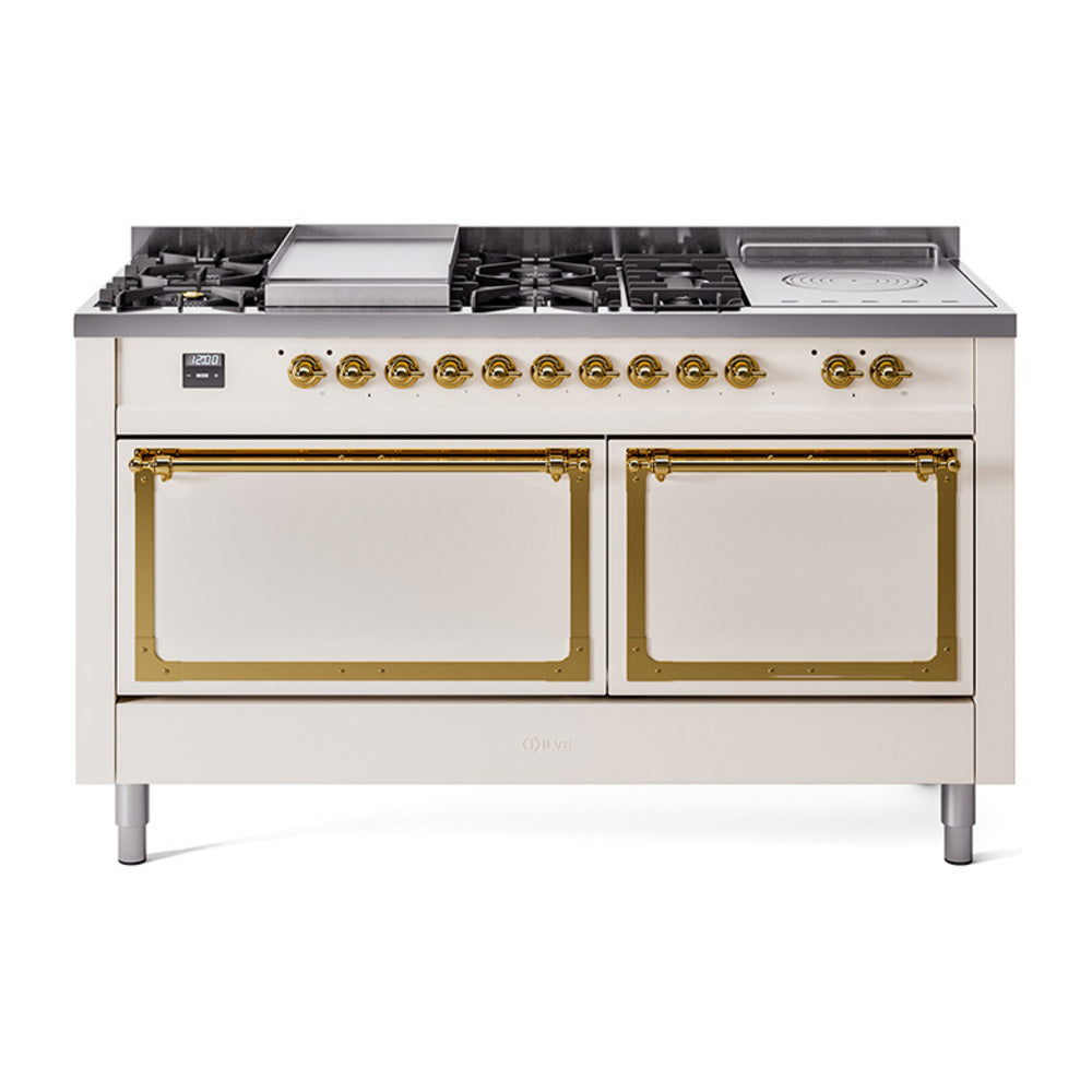 Antique white gas dual fuel range with brass-trimmed knobs and sealed burners