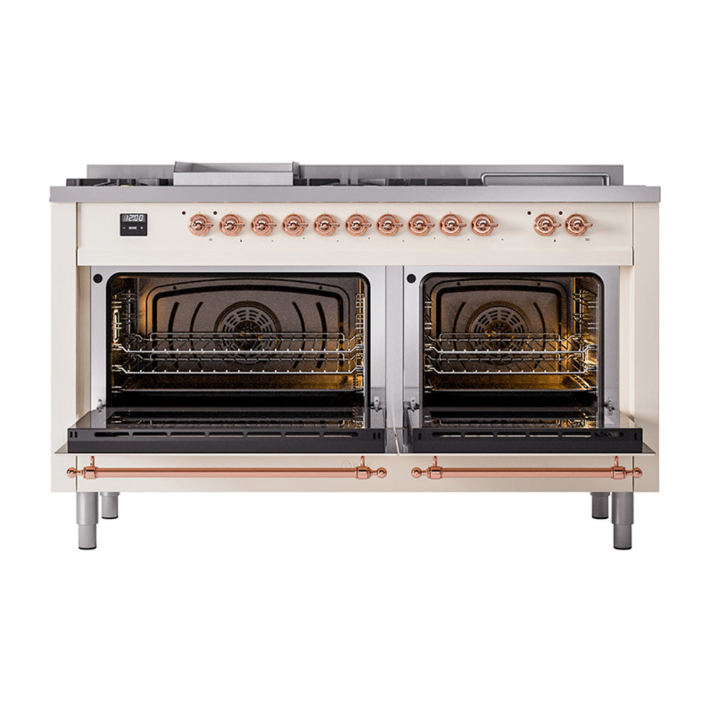Dual fuel range with two open oven doors and copper gas control trim