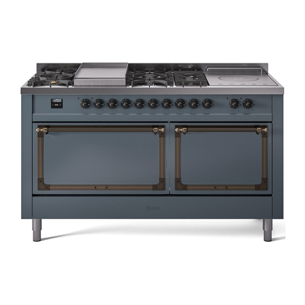 Blue grey dual fuel range with bronze trim, two oven doors and 7 sealed burners