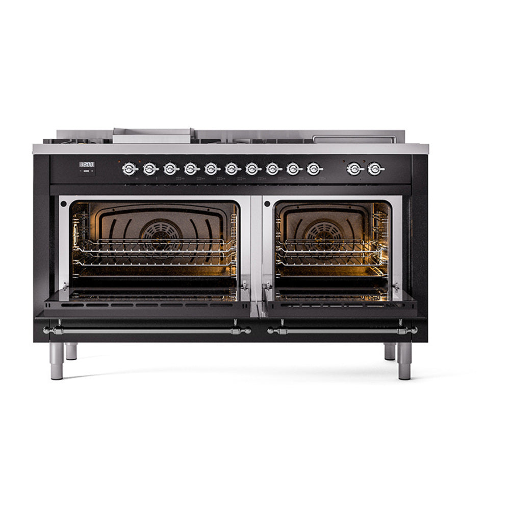 ILVE dual fuel range with two open ovens and stovetop control knobs on front