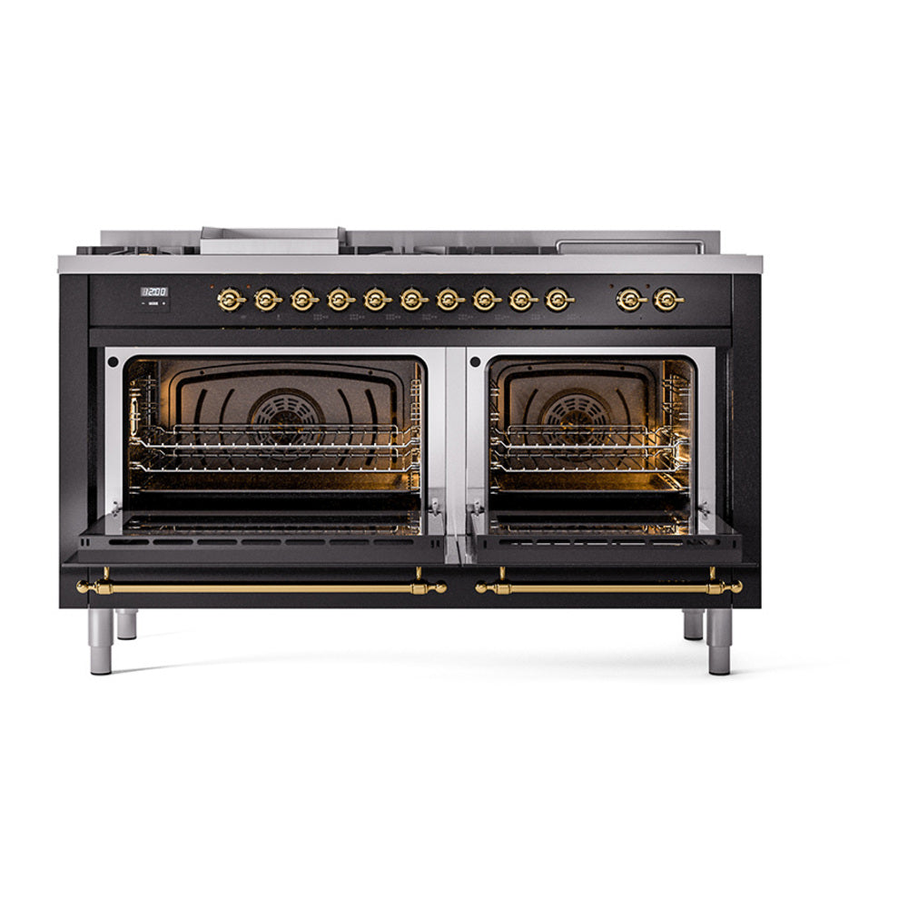 Glossy black gas range with two open ovens showing racks and heating elements