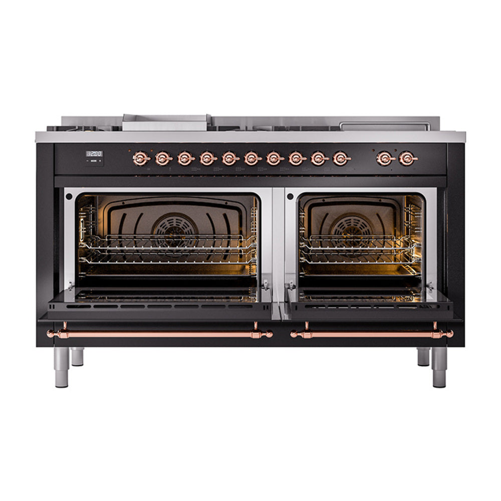 Glossy black dual-fuel range with copper trim, open ovens, and burner control panel