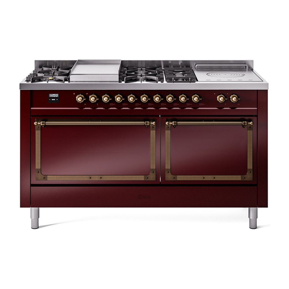 Burgundy dual-fuel range with 7 sealed burners, grididdle, and French-top layout