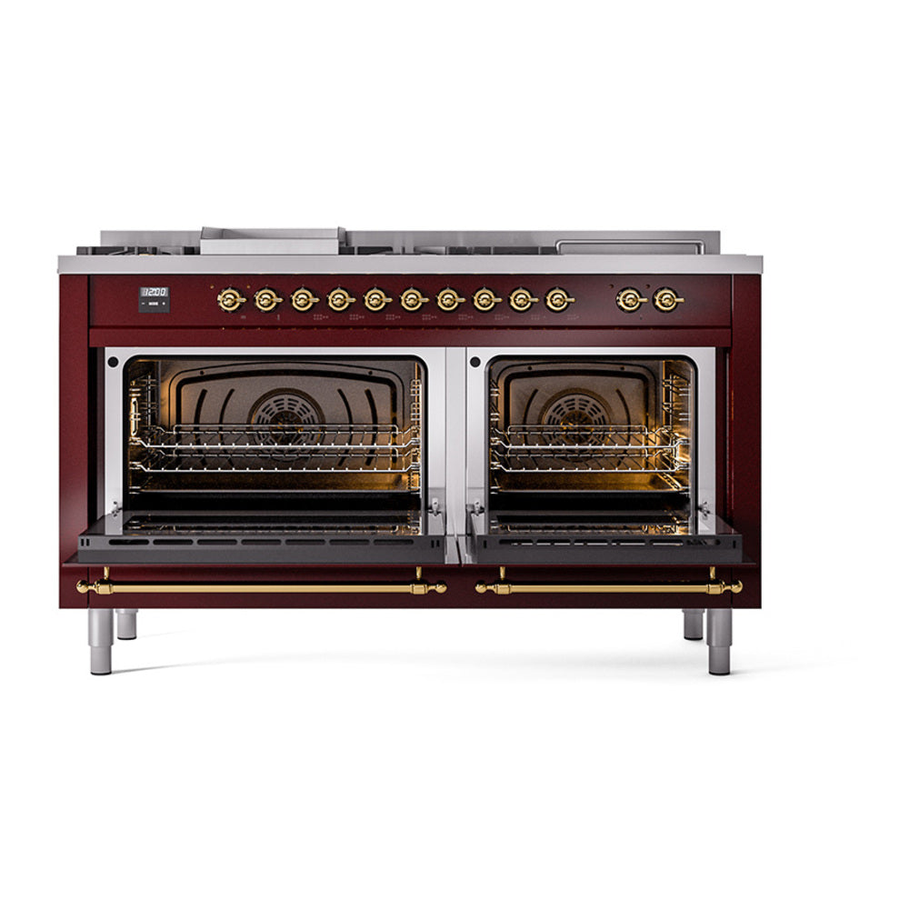 Burgundy dual fuel range with two open oven compartments and brass trim