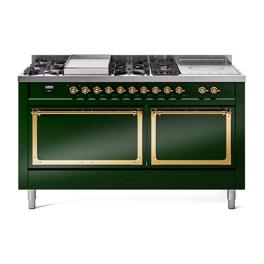 Emerald green range with brass-trimmed doors and multi-burner cooktop
