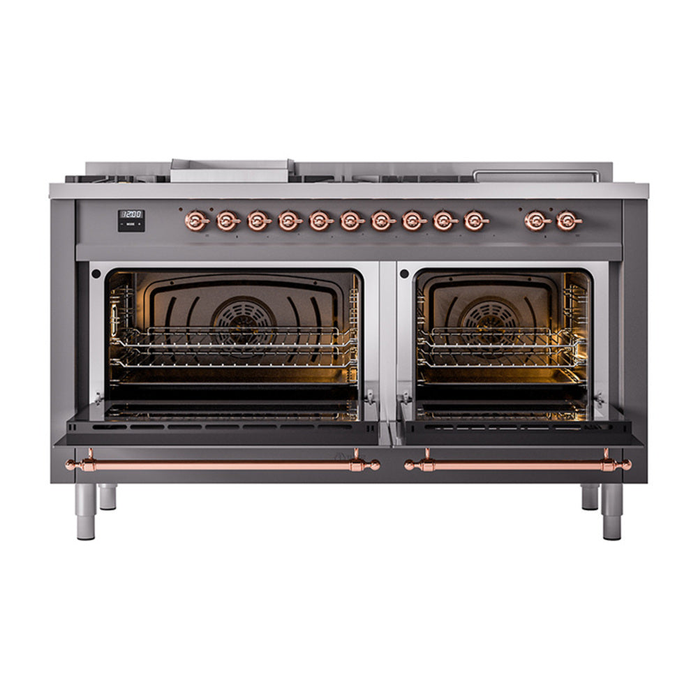 Matte graphite dual-fuel range with two open ovens showing racks and burner interiors