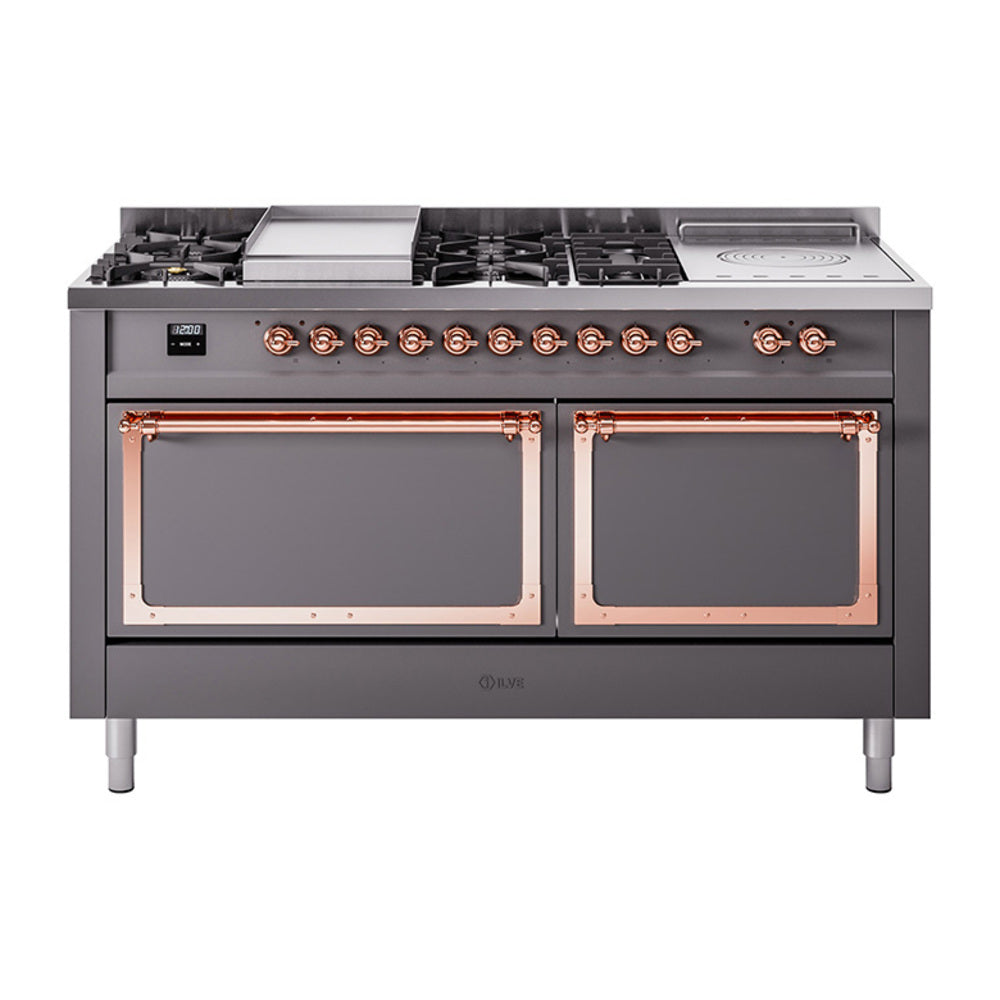 Matte graphite dual-fuel range with copper-trim control knobs and two oven doors